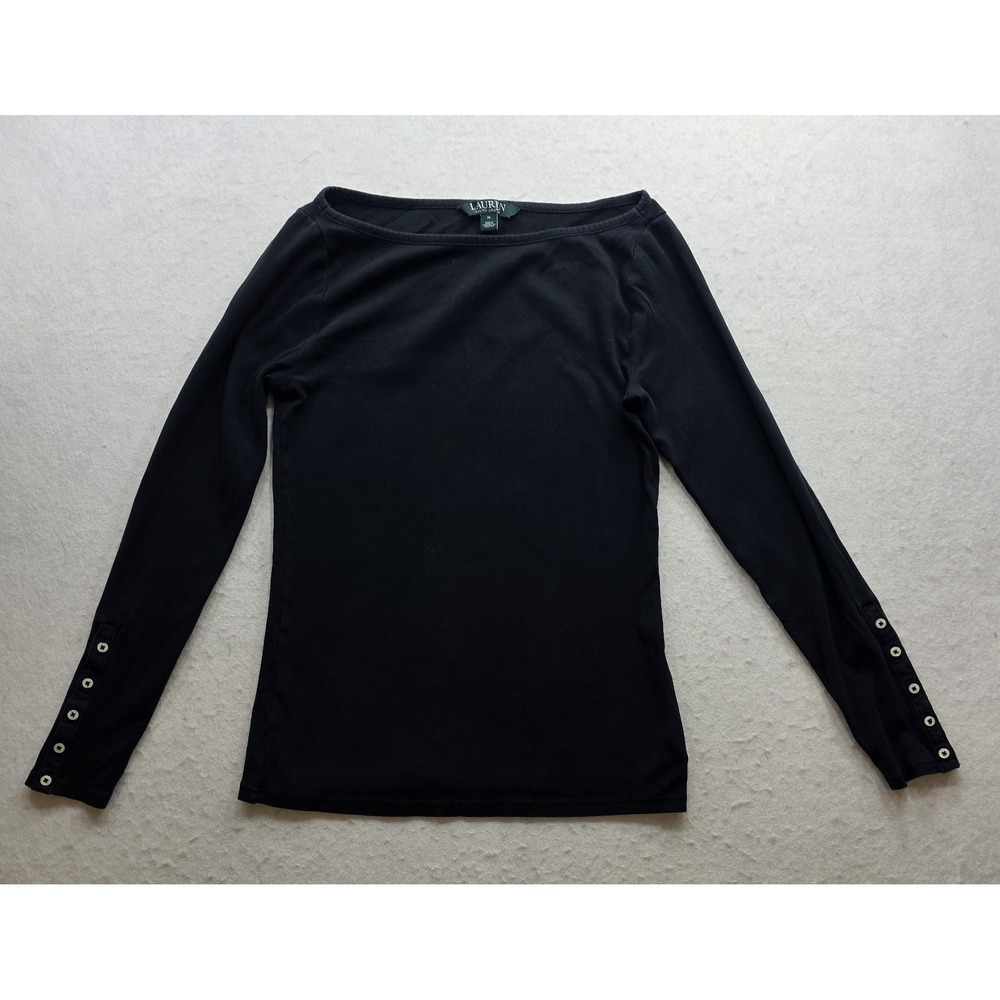 Lauren Ralph Lauren Women's Black Button Sleeve Long Sleeve T-Shirt. Size M - Picture 2 of 9